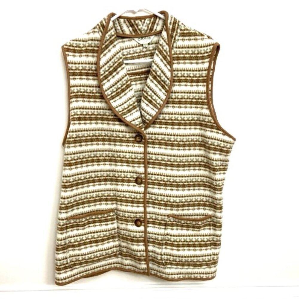 Orvis Fleece Vest Women's XL Earth‎ Tone Southwest Pattern Belted Back